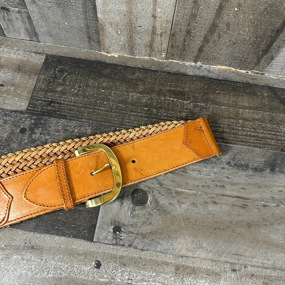 Vintage Liz Claiborne Brown Braided Leather Belt Womens Sz Medium Woven Brass - Picture 9 of 9